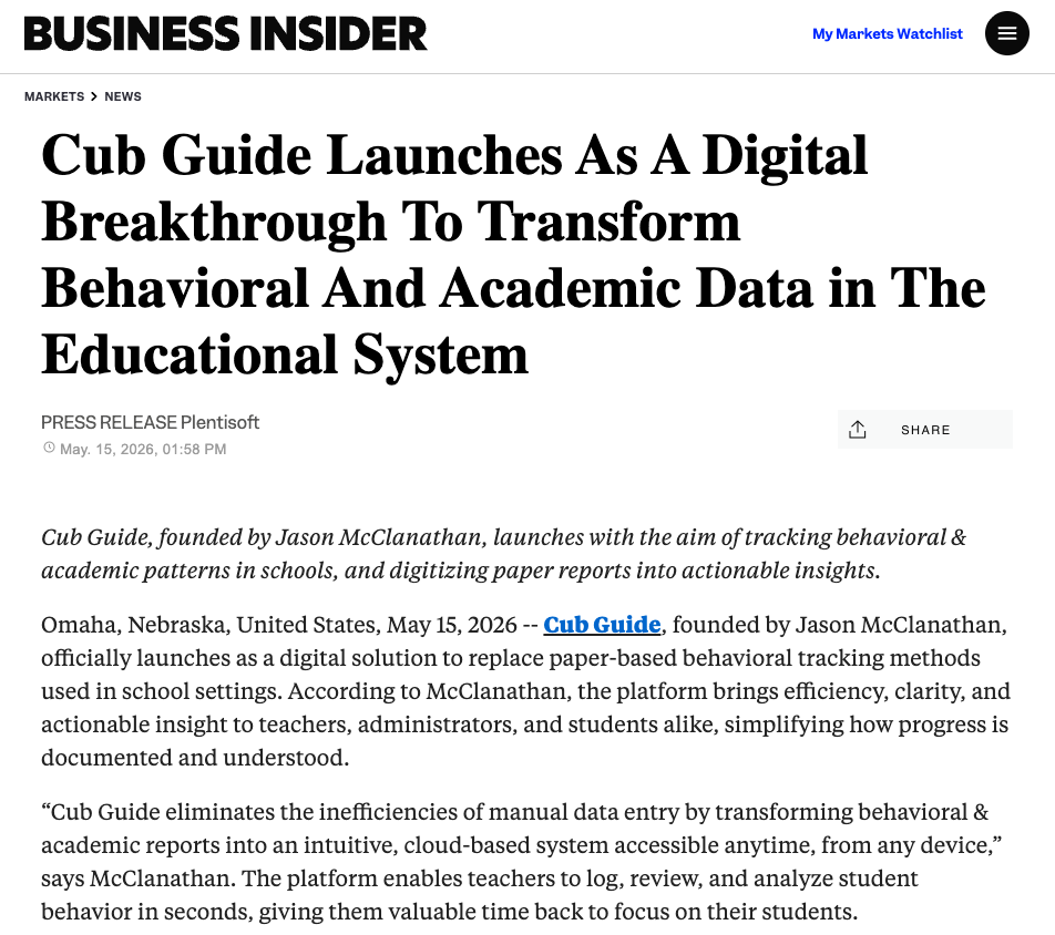 Screenshot of Business Insider article: Cub Guide Launches As A Digital Breakthrough To Transform Behavioral And Academic Data in The Educational System