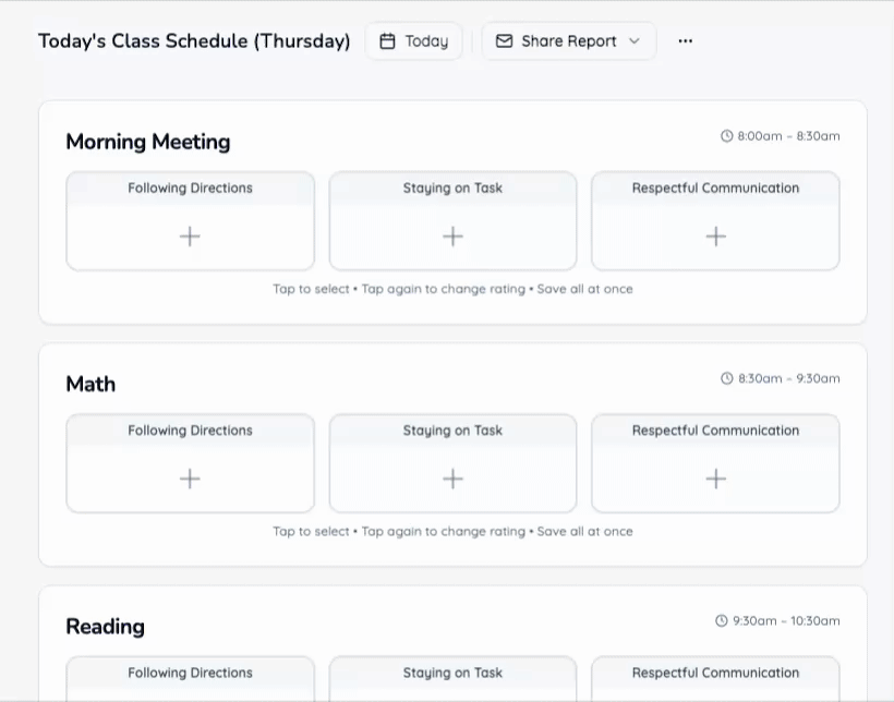 Rate behavior in seconds with tap-to-score cards