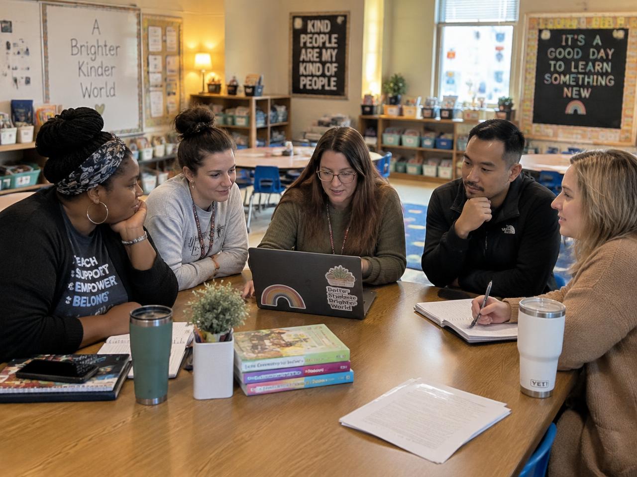 A team of educators gathered around a classroom table discussing a student's support plan