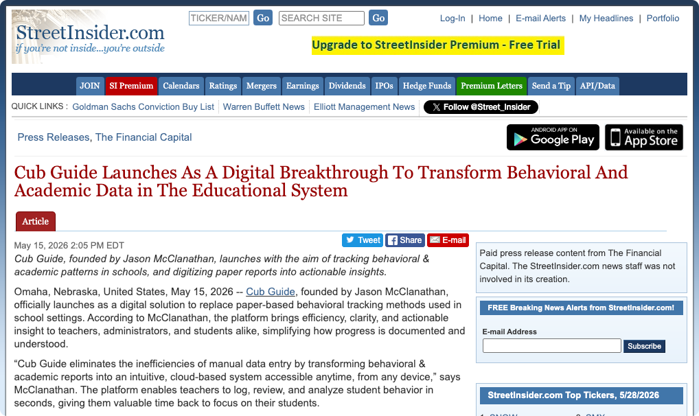 Screenshot of StreetInsider.com article: Cub Guide Launches As A Digital Breakthrough To Transform Behavioral And Academic Data in The Educational System