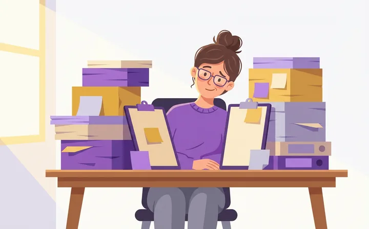 Illustration of a teacher overwhelmed by paperwork at their desk